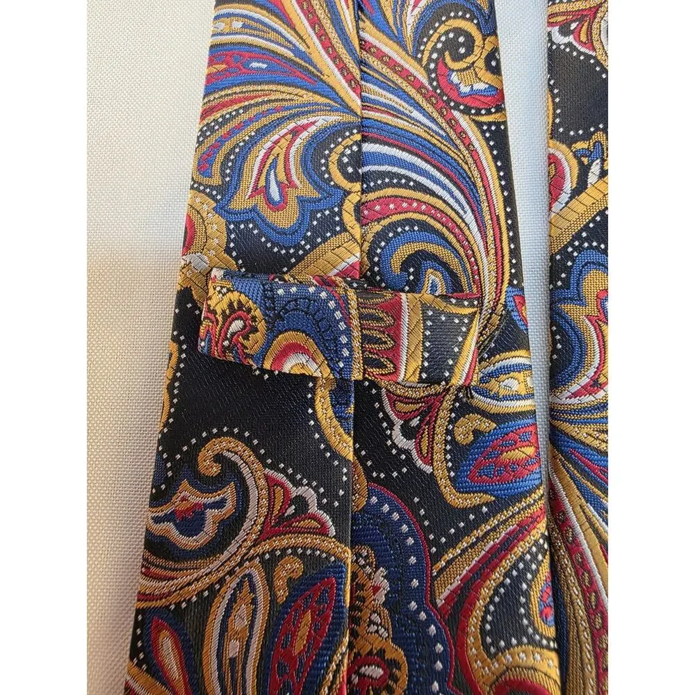 Classic Vintage Men's Tie Bright Paisley Blue Gold 100% Silk Jacquard Woven